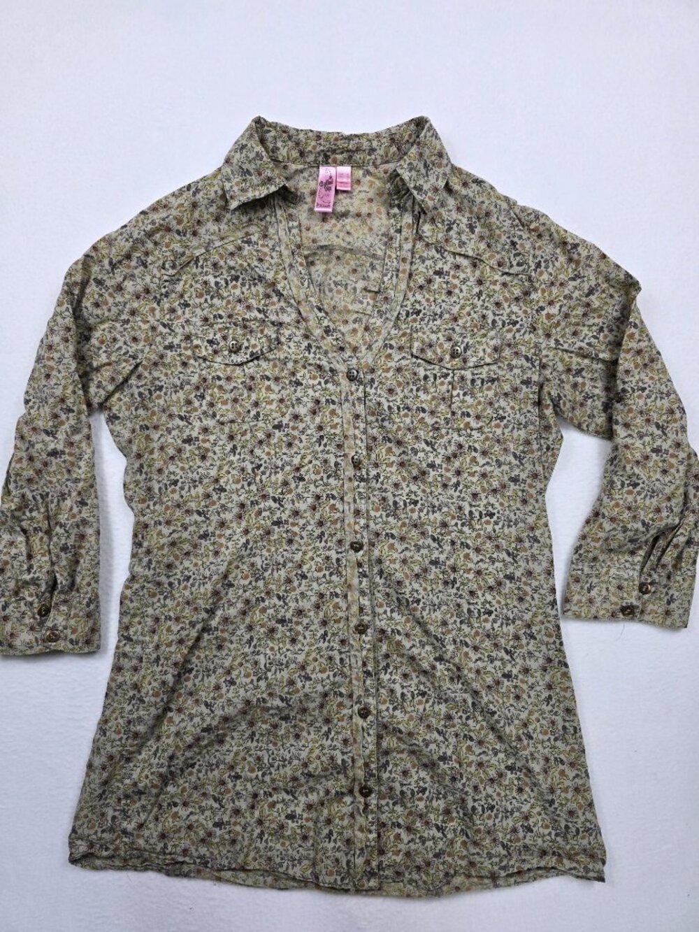 Dolled Up M Floral Button Up Shirt 3/4 Sleeves 100% Cotton Cottage Core Blouse